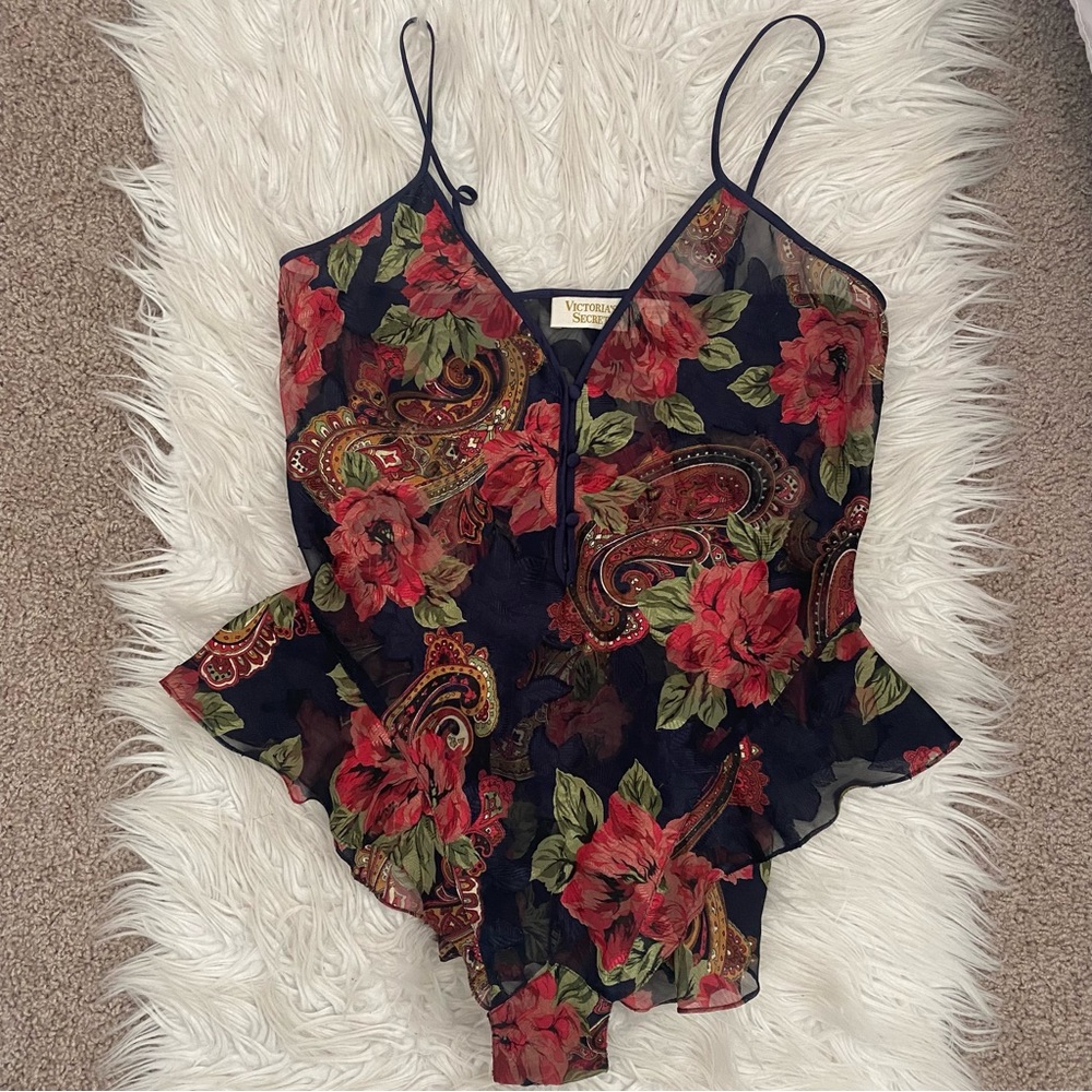Vintage Victoria’s Secret Gold Label Navy Blue Bodysuit Teddy Lingerie, Medium